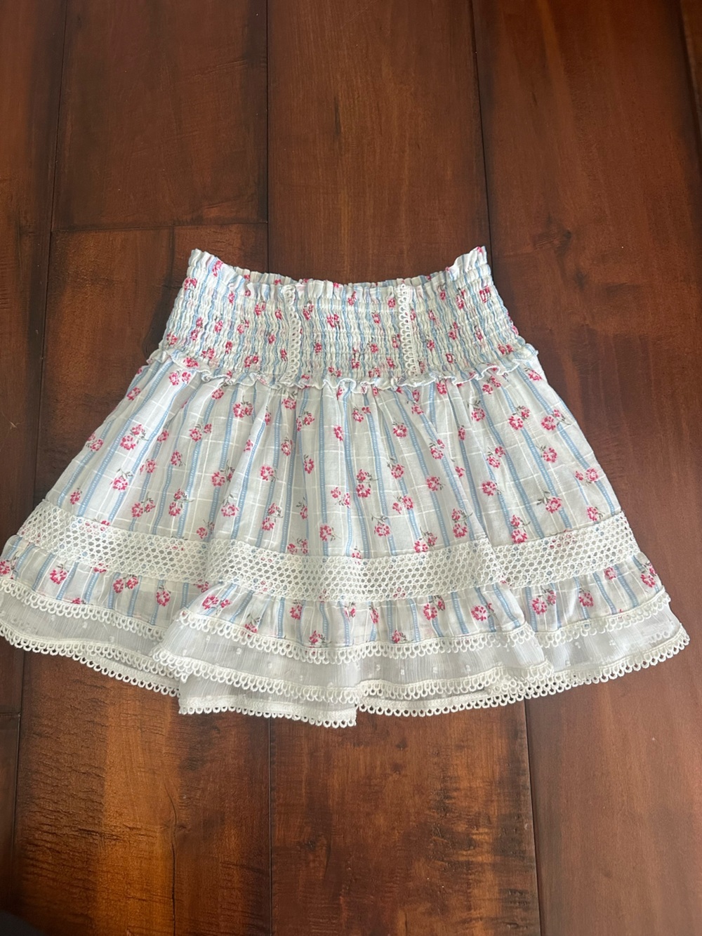 Katie J NYC Light Blue Mini Skirt with Pink Floral Print
